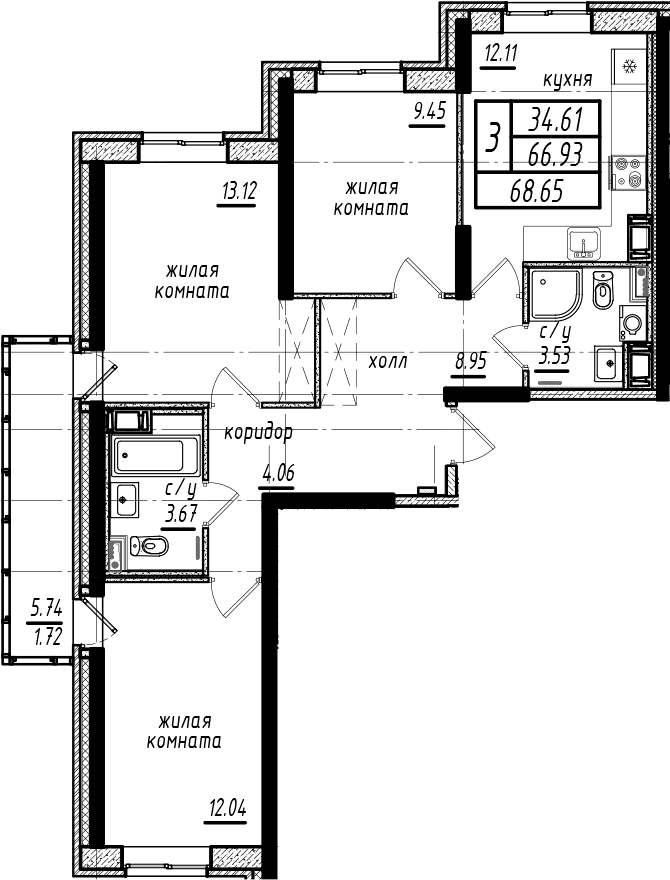 3-комнатная квартира 68.65 м², 11/25 эт., ЖК «Северная Долина»